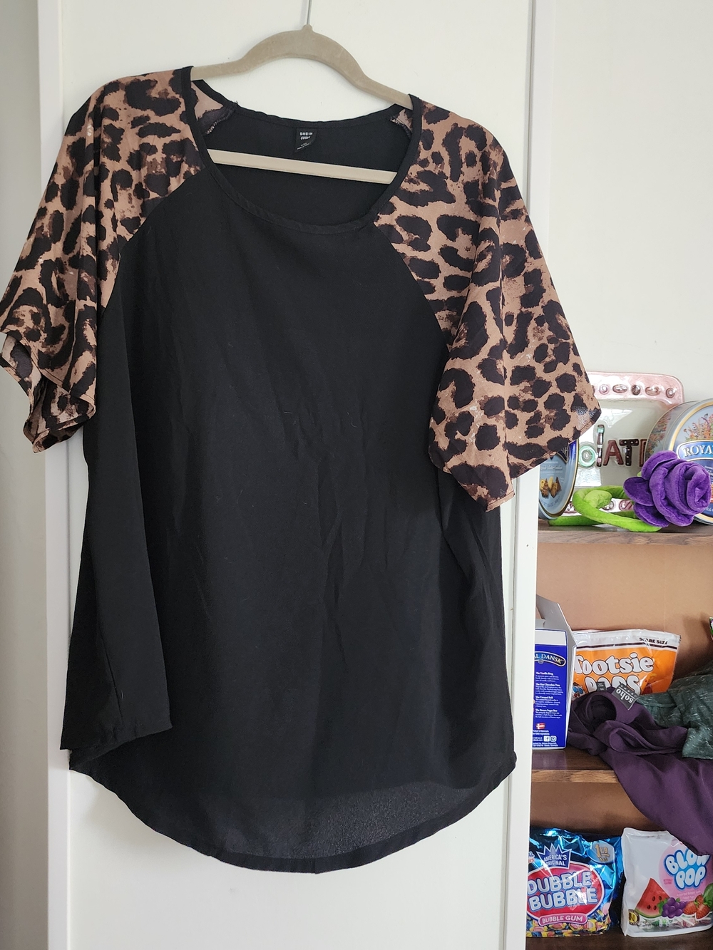 SHEIN Black Top with Brown Leopard Raglan Sleeves